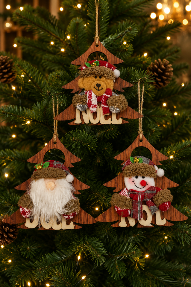 Parti Malzemeleri 3 ‘lü Set  15 Cm Ahşap Keçe Yılbaşı Ağaç Süsü Noel Baba Kardan Adam Ayıcık Figürlü Asılabilir Dekoratif Süs