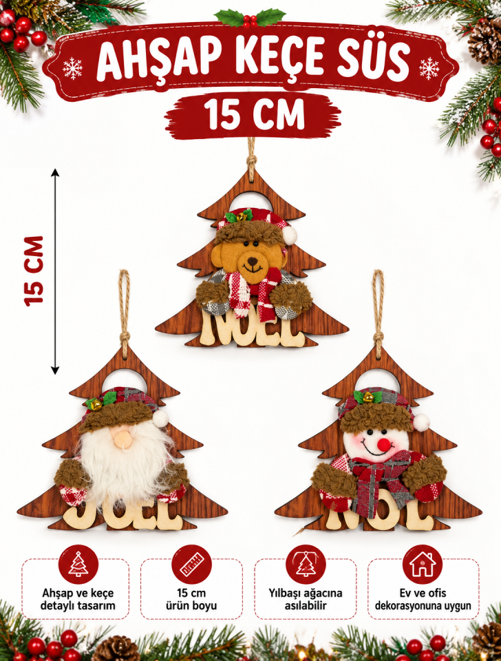 Parti Malzemeleri 3 ‘lü Set  15 Cm Ahşap Keçe Yılbaşı Ağaç Süsü Noel Baba Kardan Adam Ayıcık Figürlü Asılabilir Dekoratif Süs