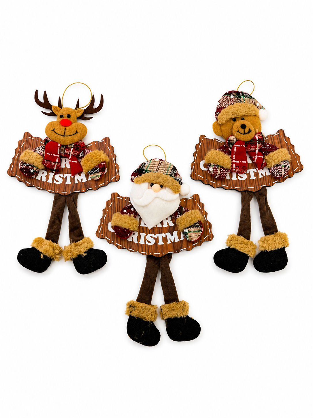 Parti Malzemeleri 23 cm Keçe Ahşap 3 ‘lü Yılbaşı Kapı Süsü Noel Baba Geyik Ayıcık Figürlü Asılabilir Dekoratif Yılbaşı Süsü