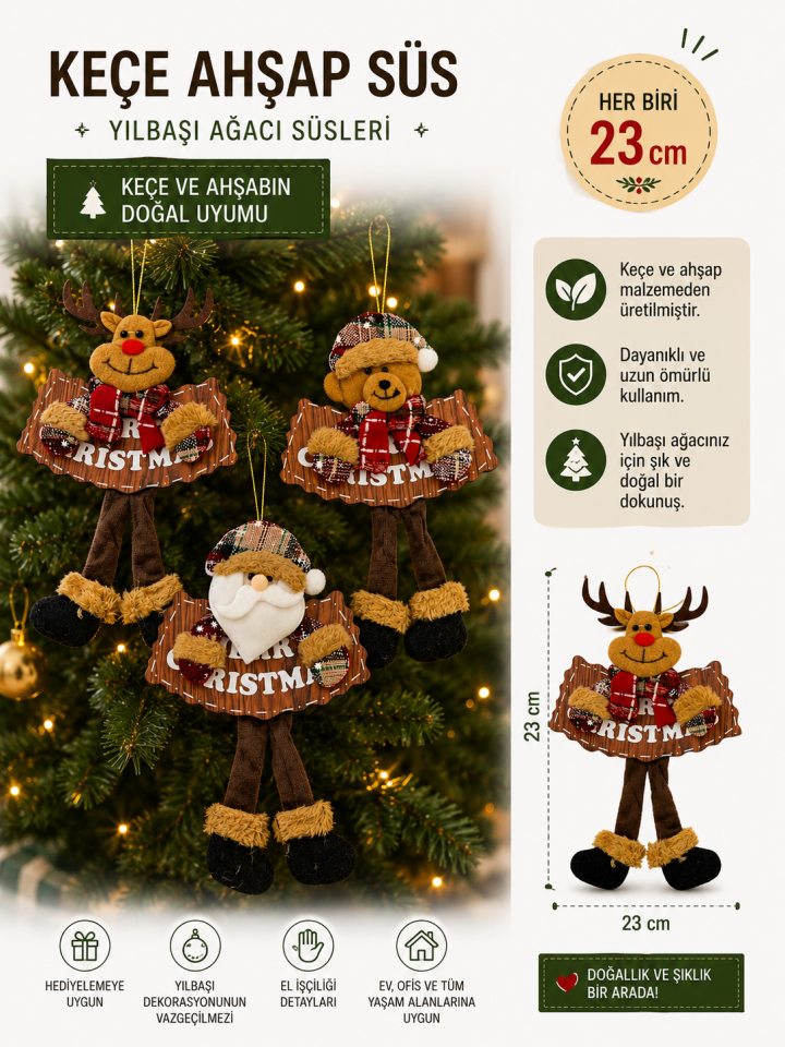 Parti Malzemeleri 23 cm Keçe Ahşap 3 ‘lü Yılbaşı Kapı Süsü Noel Baba Geyik Ayıcık Figürlü Asılabilir Dekoratif Yılbaşı Süsü