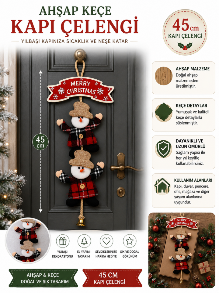 Parti Malzemeleri 45 cm Ahşap Keçe Noel Kardan adam  Kapı Çelengi Merry Christmas Yazılı Yılbaşı Kapı Süsü Dekoratif Asılabilir