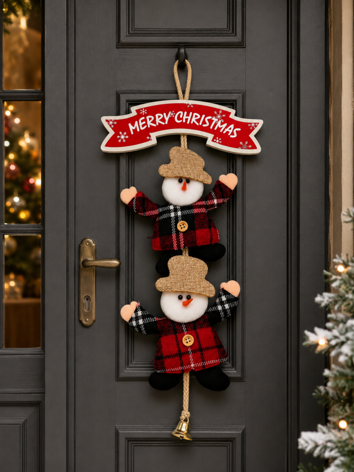 Parti Malzemeleri 45 cm Ahşap Keçe Noel Kardan adam  Kapı Çelengi Merry Christmas Yazılı Yılbaşı Kapı Süsü Dekoratif Asılabilir