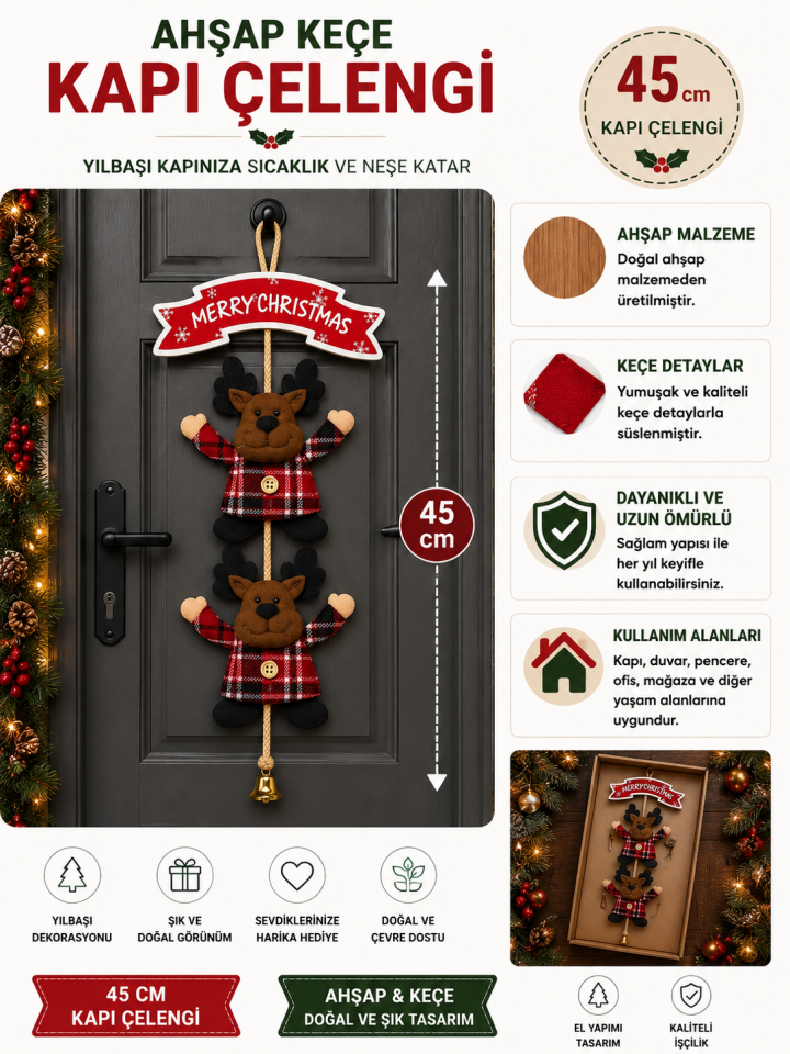 Parti Malzemeleri 45 cm Ahşap Keçe Noel Geyikli Kapı Çelengi Merry Christmas Yazılı Yılbaşı Kapı Süsü Dekoratif Asılabilir