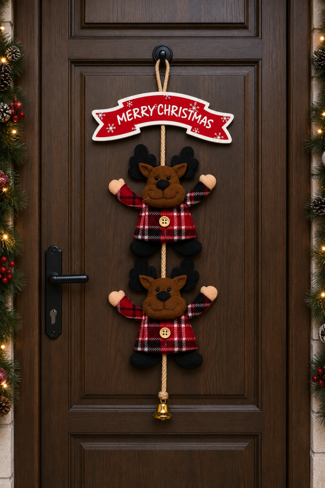 Parti Malzemeleri 45 cm Ahşap Keçe Noel Geyikli Kapı Çelengi Merry Christmas Yazılı Yılbaşı Kapı Süsü Dekoratif Asılabilir
