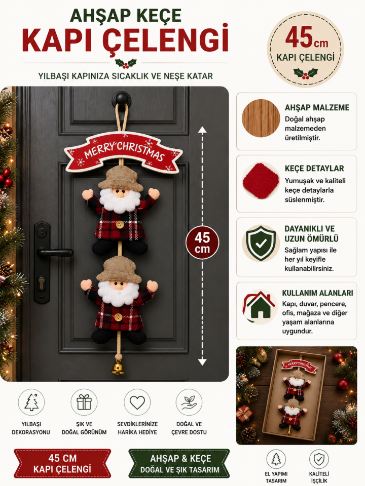 Parti Malzemeleri 45 cm Ahşap Keçe Noel Babalı Kapı Çelengi Merry Christmas Yazılı Yılbaşı Kapı Süsü Dekoratif Asılabilir