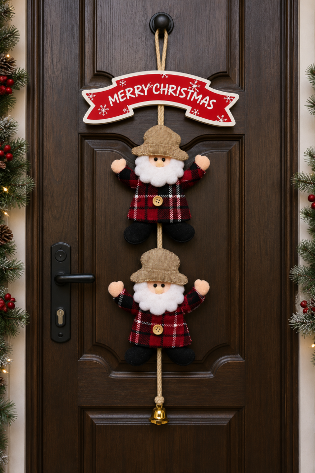 Parti Malzemeleri 45 cm Ahşap Keçe Noel Babalı Kapı Çelengi Merry Christmas Yazılı Yılbaşı Kapı Süsü Dekoratif Asılabilir
