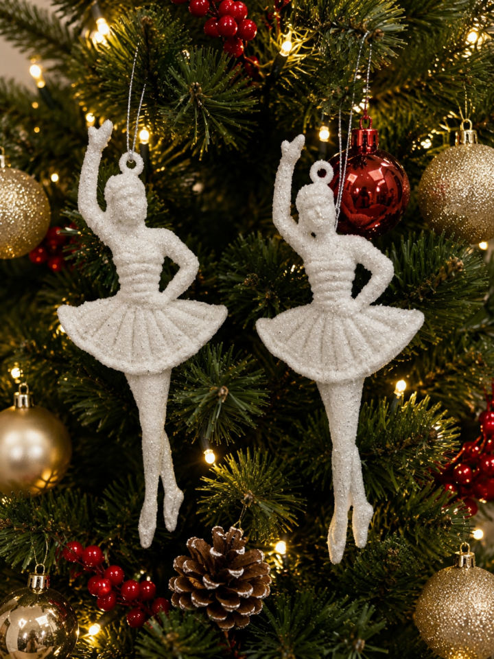 Parti Malzemeleri 14 cm Beyaz Balerin Yılbaşı Ağacı Süsü 2’li Asılabilir Simli Noel Ağacı Dekoratif Süs