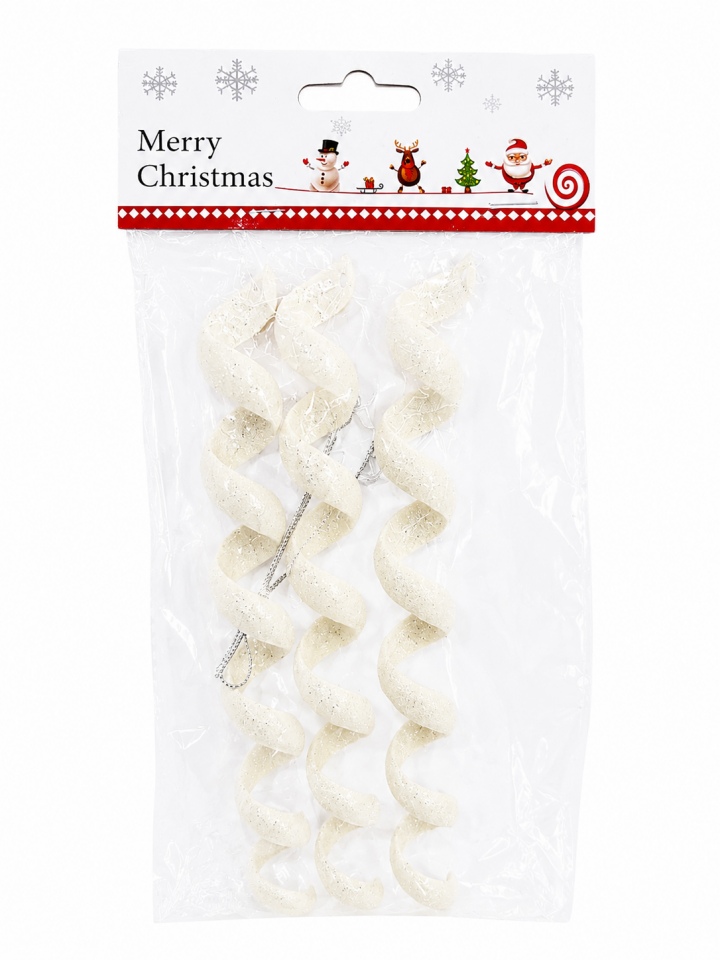 Parti Malzemeleri 3’lü Beyaz Simli Spiral Yılbaşı Ağaç Süsü 20 cm Asılabilir Noel Ağacı Dekor Süsü