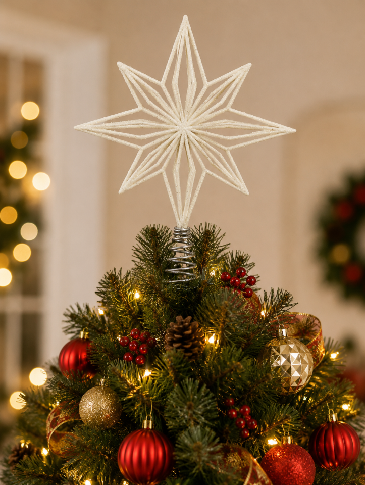 Parti Malzemeleri  Yılbaşı Ağacı Tepe Yıldızı  Simli 8 Köşeli Ağaç Tepe Süsü Dekoratif Christmas Star Topper