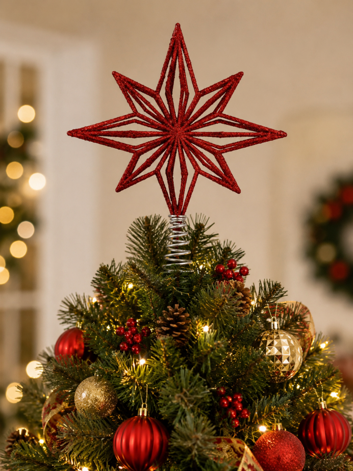 Parti Malzemeleri  Yılbaşı Ağacı Tepe Yıldızı  Simli 8 Köşeli Ağaç Tepe Süsü Dekoratif Christmas Star Topper Kırmızı