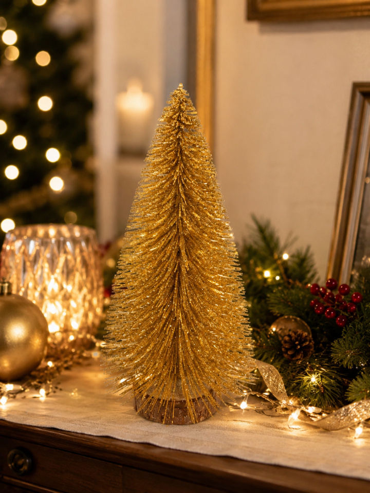 Parti Malzemeleri 15 CM Gold Simli Dekoratif Yılbaşı Ağacı Masaüstü Süsü Mini Christmas Çam Ağacı Ev Ofis Dekoru