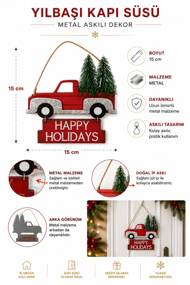 Parti Malzemeleri 15 Cm Metal Yılbaşı Kapı Süsü Kırmızı Kamyon Happy Holidays Askılı Noel Kapı Dekoru