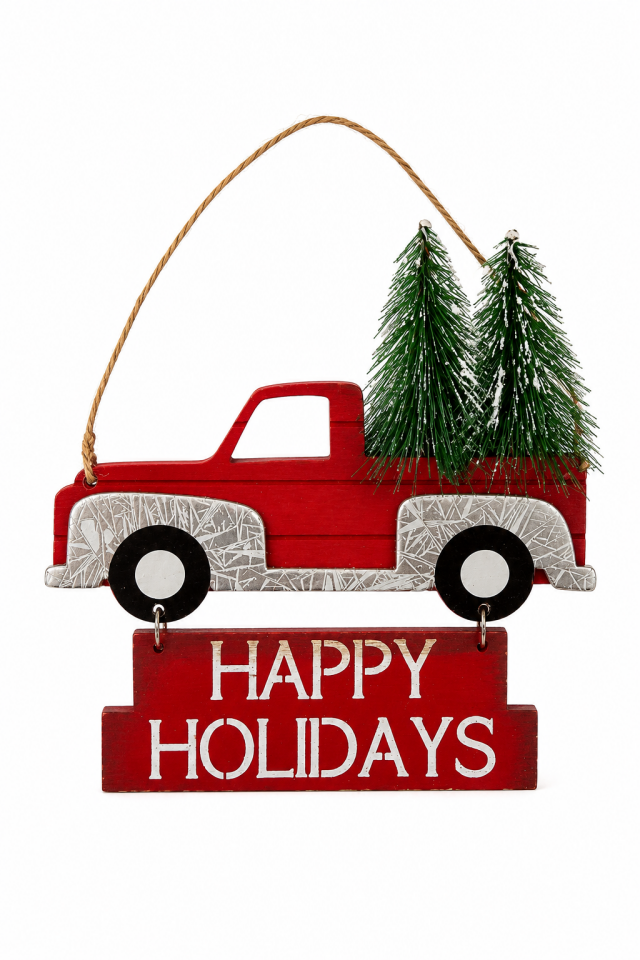 Parti Malzemeleri 15 Cm Metal Yılbaşı Kapı Süsü Kırmızı Kamyon Happy Holidays Askılı Noel Kapı Dekoru