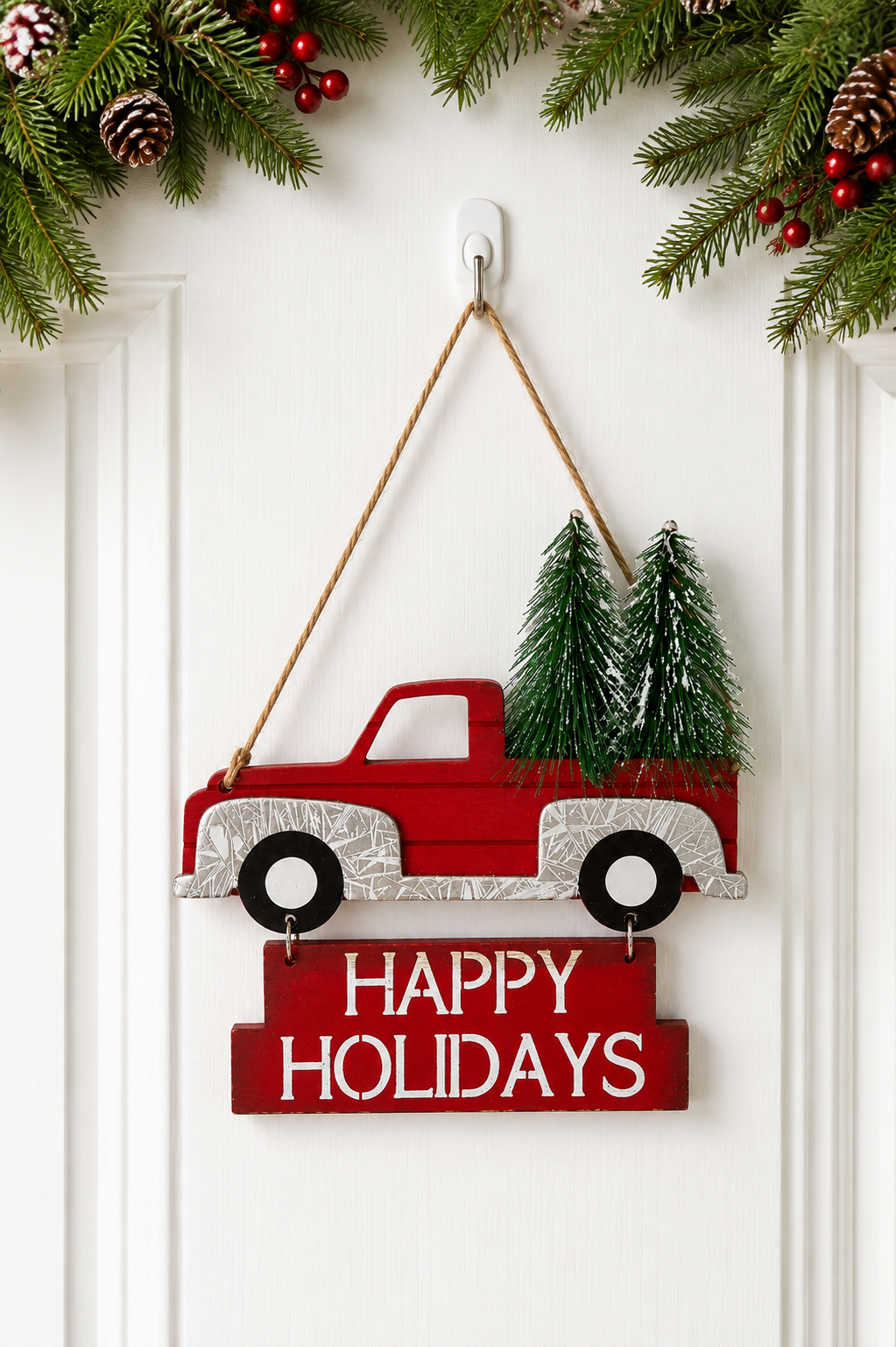 Parti Malzemeleri 15 Cm Metal Yılbaşı Kapı Süsü Kırmızı Kamyon Happy Holidays Askılı Noel Kapı Dekoru