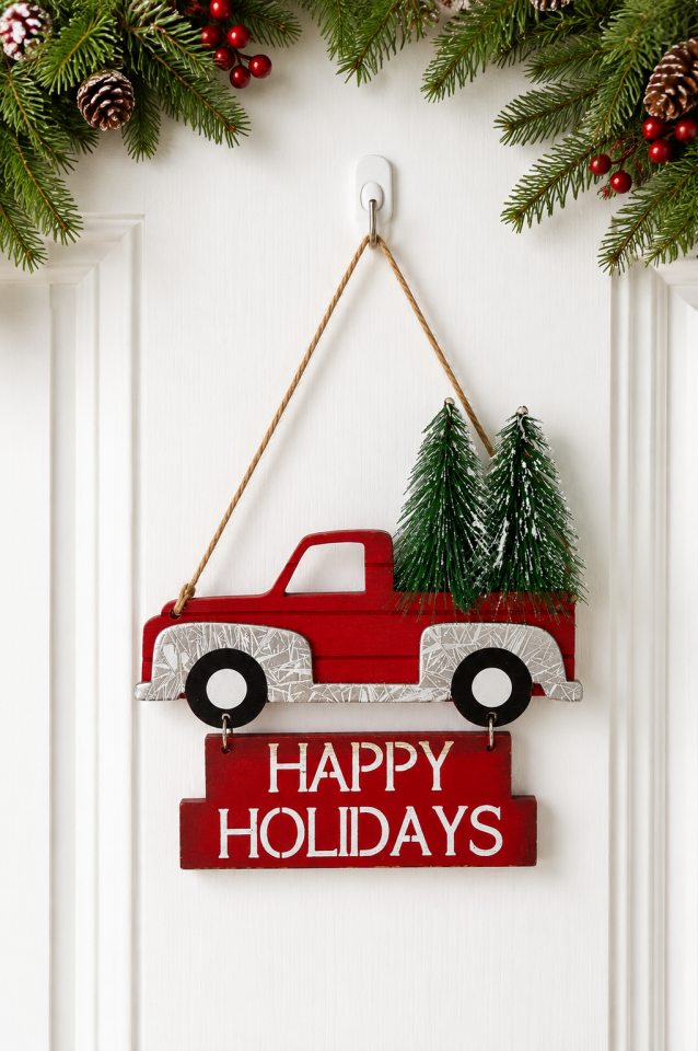 Parti Malzemeleri 15 Cm Metal Yılbaşı Kapı Süsü Kırmızı Kamyon Happy Holidays Askılı Noel Kapı Dekoru
