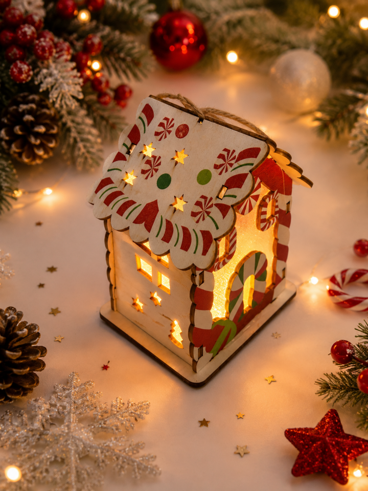 Parti Malzemeleri 9,5 cm LED Işıklı Ahşap Yılbaşı Ev Dekoru – Askılı Noel Süsü – Pilli Dekoratif Ahşap Ev Beyaz