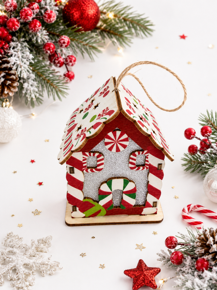 Parti Malzemeleri 9,5 cm LED Işıklı Ahşap Yılbaşı Ev Dekoru – Askılı Noel Süsü – Pilli Dekoratif Ahşap Ev Beyaz