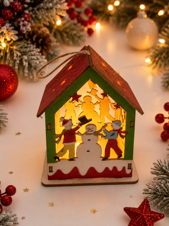 Parti Malzemeleri 9,5 cm LED Işıklı Ahşap Yılbaşı Ev Dekoru – Askılı Noel Süsü – Pilli Dekoratif Ahşap Ev Yeşil