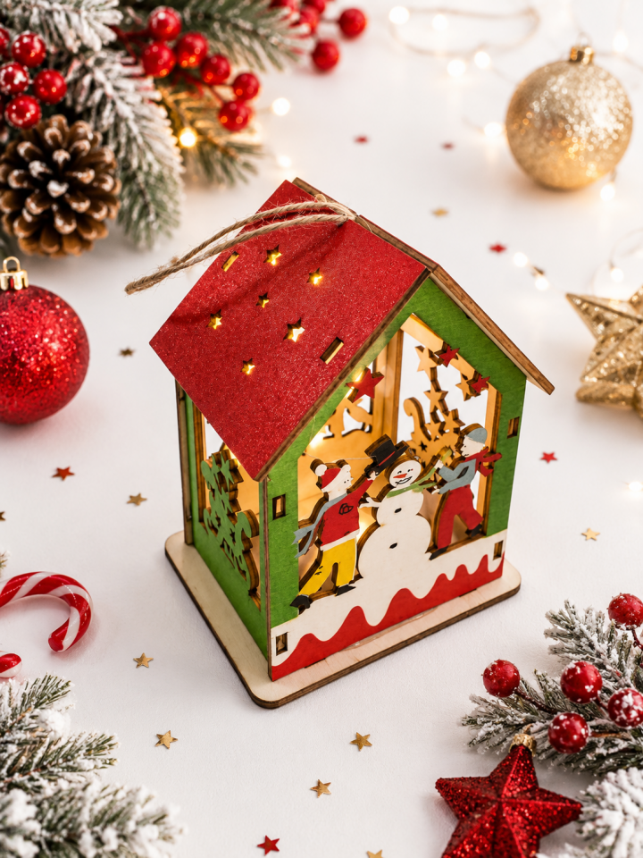 Parti Malzemeleri 9,5 cm LED Işıklı Ahşap Yılbaşı Ev Dekoru – Askılı Noel Süsü – Pilli Dekoratif Ahşap Ev Yeşil