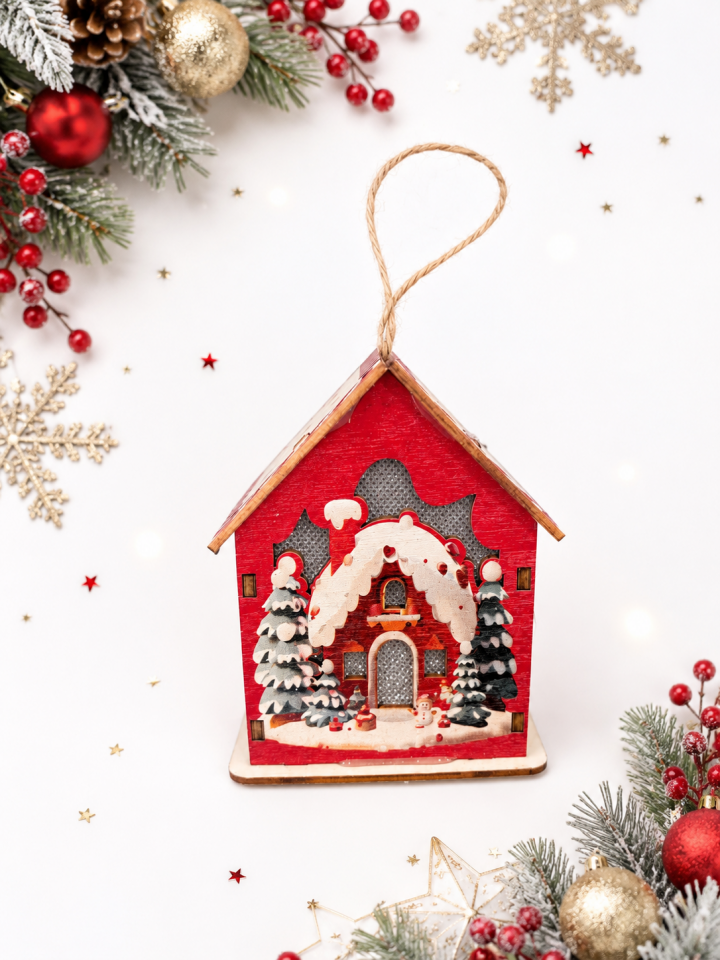 Parti Malzemeleri 9,5 cm LED Işıklı Ahşap Yılbaşı Ev Dekoru – Askılı Noel Süsü – Pilli Dekoratif Ahşap Ev Kırmızı