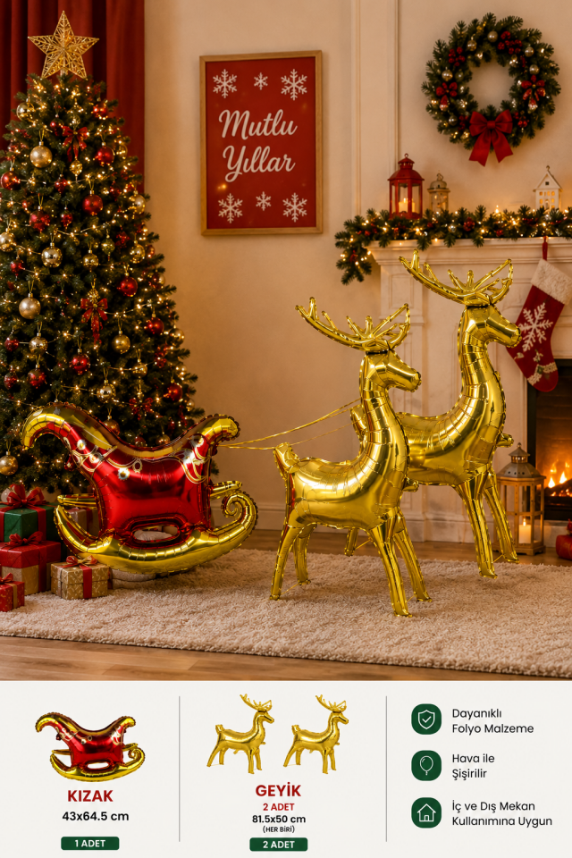 Parti Malzemeleri Yılbaşı Noel Baba Kızağı ve Geyik Folyo Balon Seti 3 Parça Hava ile Şişirilebilir Dekor Süsü