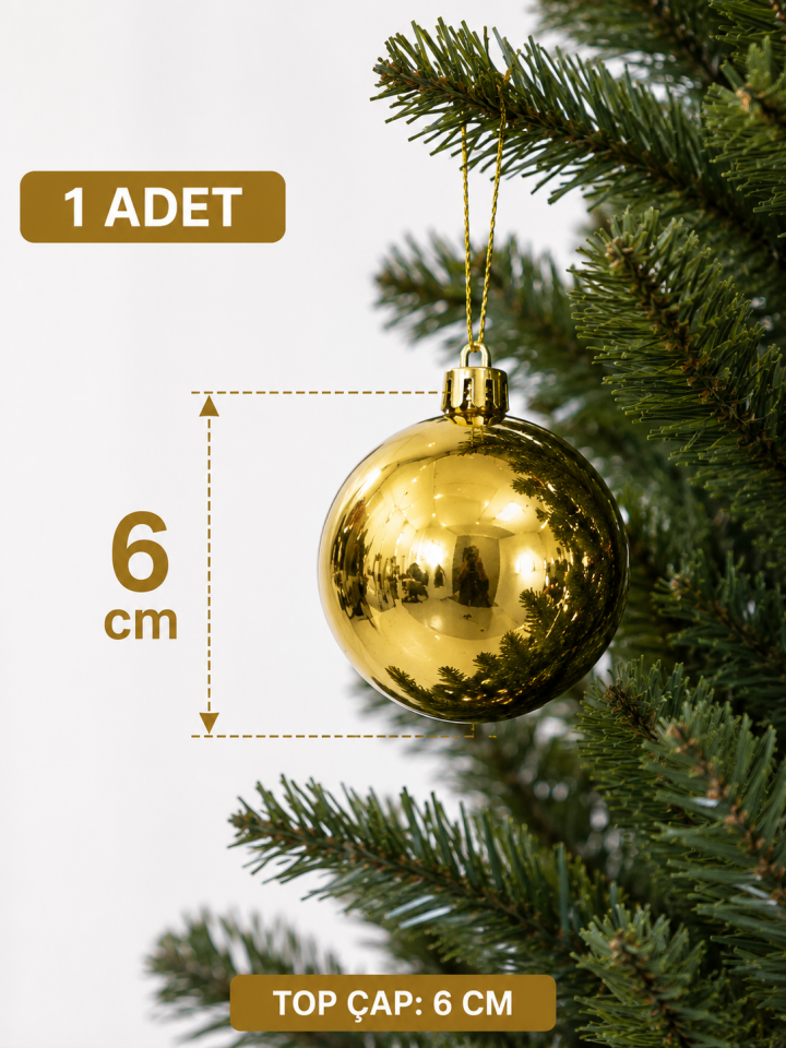 Parti Malzemeleri 6’lı Parlak Yılbaşı Ağacı Süsü Topu 6 cm Plastik Noel Ağacı Süsleme Topu Gold