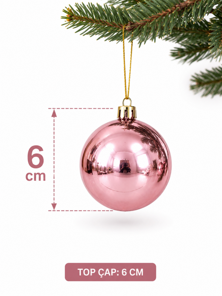 Parti Malzemeleri 6’lı Parlak Yılbaşı Ağacı Süsü Topu 6 cm Plastik Noel Ağacı Süsleme Topu Pudra