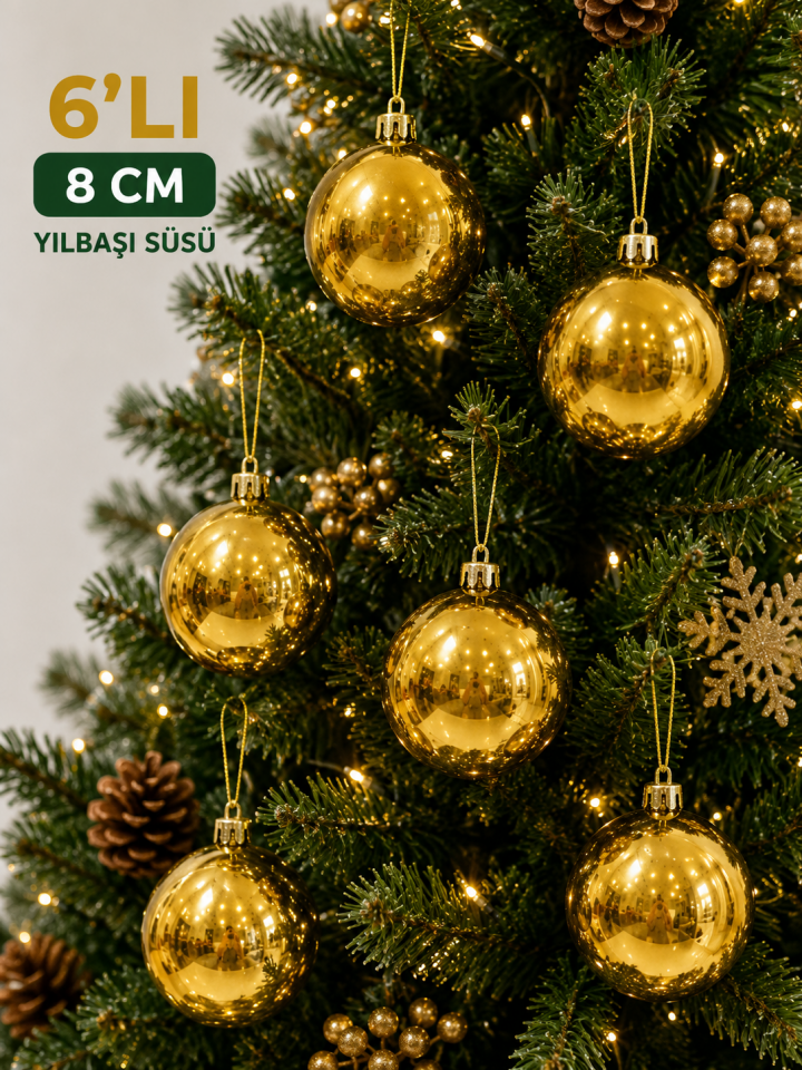 Parti Malzemeleri 6’lı 8 Cm Parlak Yılbaşı Ağacı Süsü Topu Askılı Noel Çam Ağacı Dekoru Altın