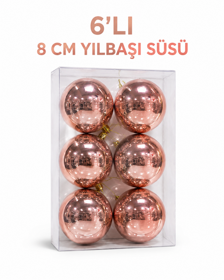 Parti Malzemeleri 6’lı 8 Cm Parlak Yılbaşı Ağacı Süsü Topu Askılı Noel Çam Ağacı Dekoru Rose Gold