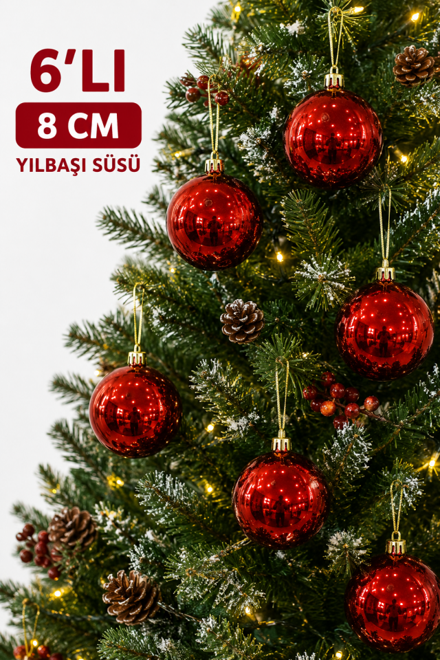 Parti Malzemeleri 6’lı 8 Cm Parlak Yılbaşı Ağacı Süsü Topu Askılı Noel Çam Ağacı Dekoru Kırmızı