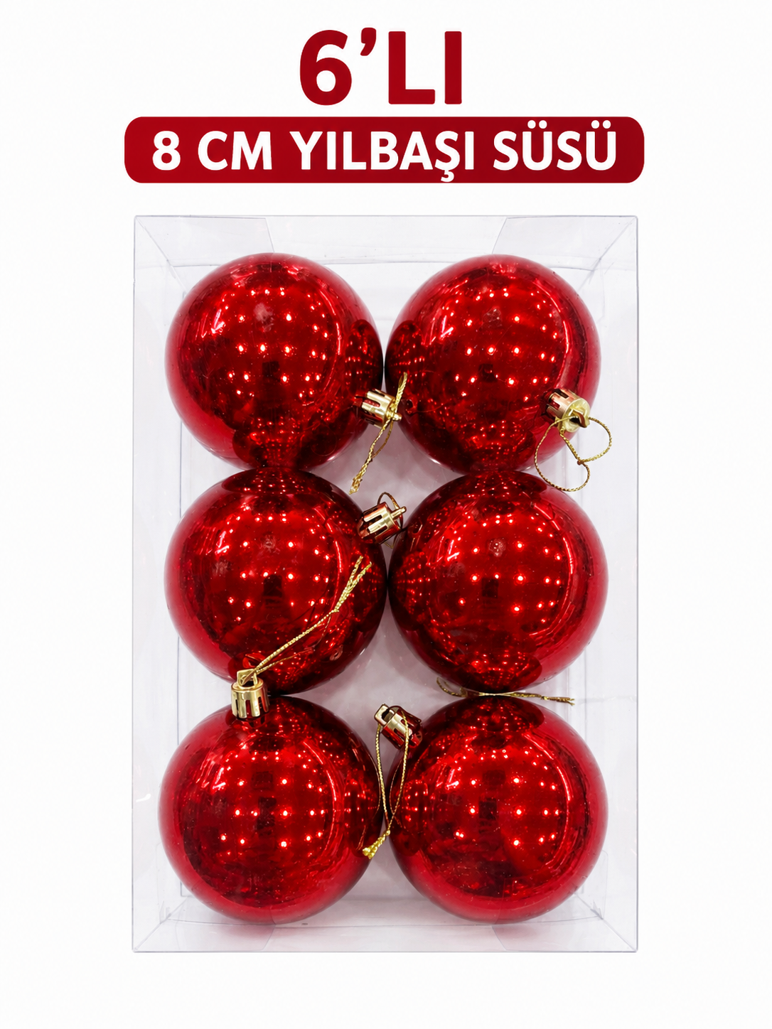 Parti Malzemeleri 6’lı 8 Cm Parlak Yılbaşı Ağacı Süsü Topu Askılı Noel Çam Ağacı Dekoru Kırmızı