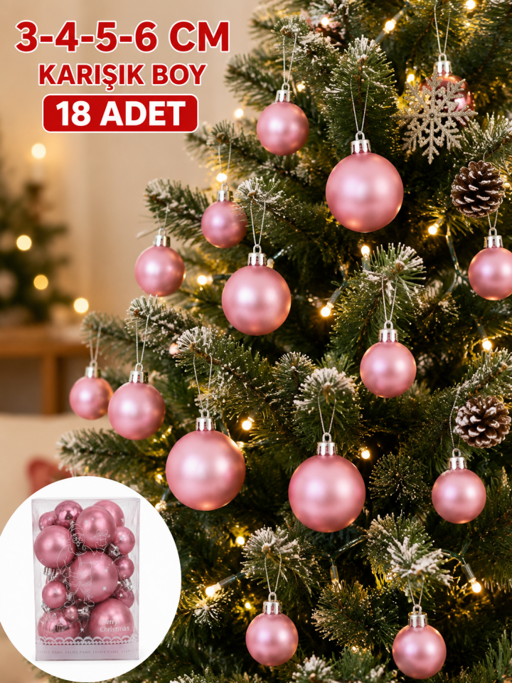 Parti Malzemeleri Yılbaşı Ağacı Süsü Pembe Karışık Boy 3-4-5-6 cm 18 Adet Mat Plastik Çam Ağacı Süs Topu Seti