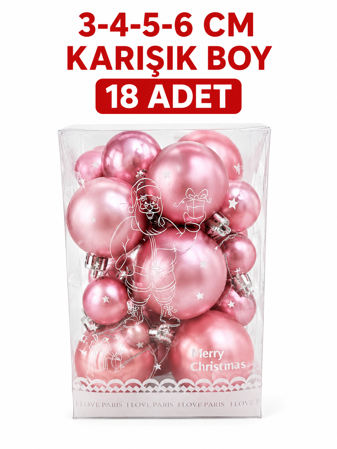 Parti Malzemeleri Yılbaşı Ağacı Süsü Pembe Karışık Boy 3-4-5-6 cm 18 Adet Mat Plastik Çam Ağacı Süs Topu Seti