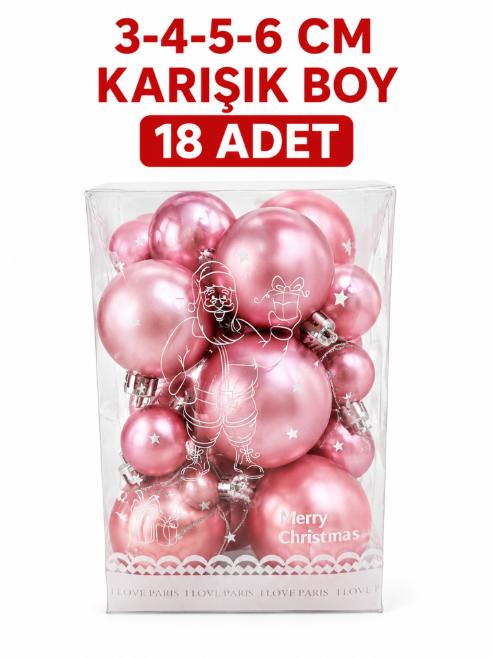 Parti Malzemeleri Yılbaşı Ağacı Süsü Pembe Karışık Boy 3-4-5-6 cm 18 Adet Mat Plastik Çam Ağacı Süs Topu Seti