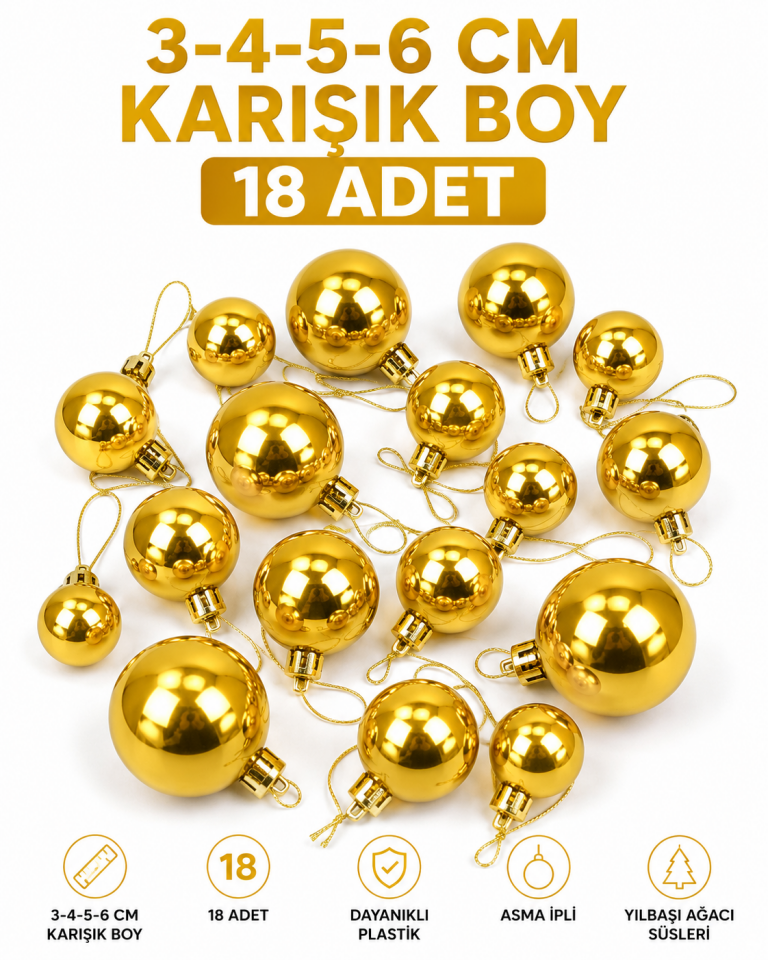Parti Malzemeleri Yılbaşı Ağacı Süsü Pembe Karışık Boy 3-4-5-6 cm 18 Adet Mat Plastik Çam Ağacı Süs Topu Seti Gold