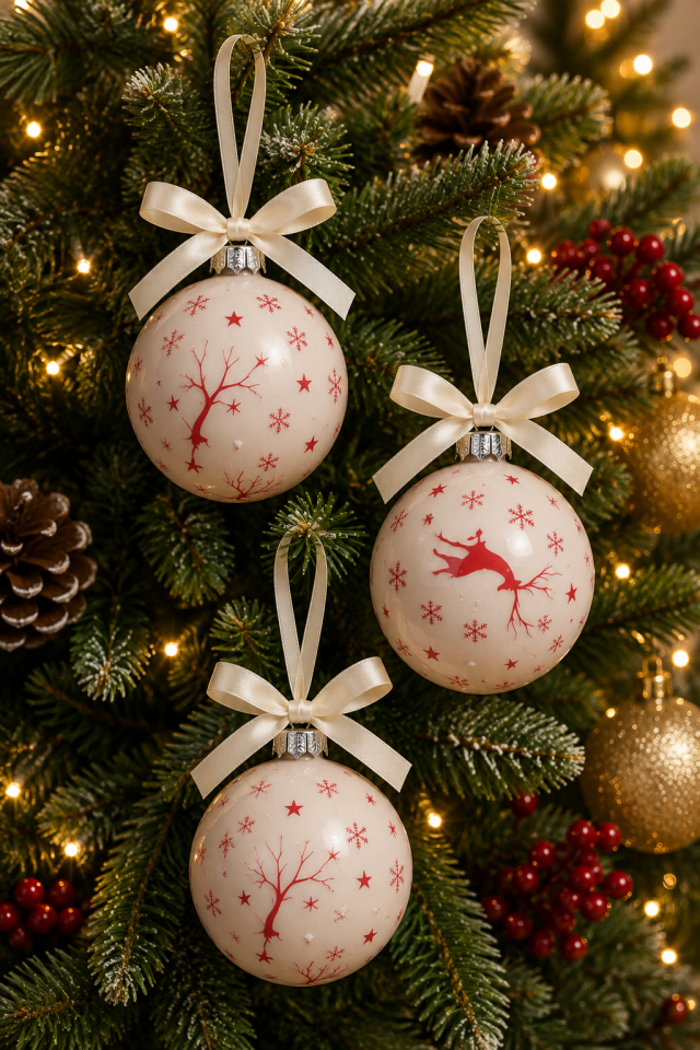 Parti Malzemeleri 8 Cm 3’lü Desenli Yılbaşı Ağacı Süsü Topu – Askılı Plastik Çam Ağacı Süsü Noel Dekorasyonu Krem