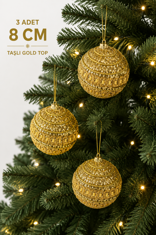 Parti Malzemeleri 3 Adet 8 Cm Taşlı Gold Yılbaşı Ağaç Süsü – Simli Lüks Plastik Çam Ağacı Topu Noel Dekoru