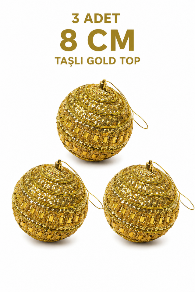 Parti Malzemeleri 3 Adet 8 Cm Taşlı Gold Yılbaşı Ağaç Süsü – Simli Lüks Plastik Çam Ağacı Topu Noel Dekoru