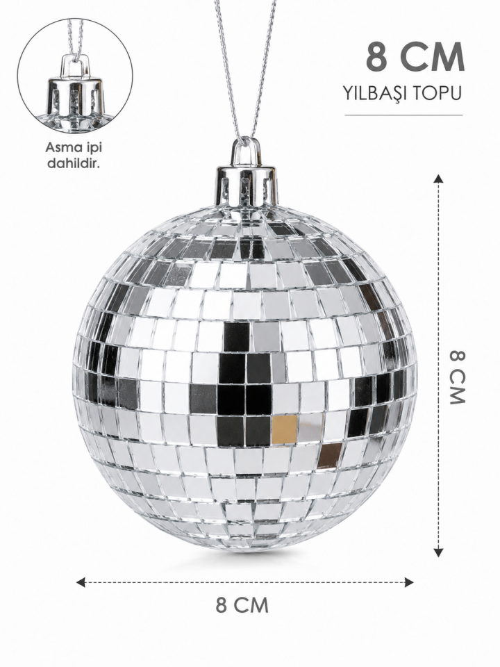Parti Malzemeleri 8 Cm 6’lı Aynalı Gümüş Yılbaşı Topu Çam Ağacı Süsü Noel Ağacı Dekor Süsü Parlak Disko Topu