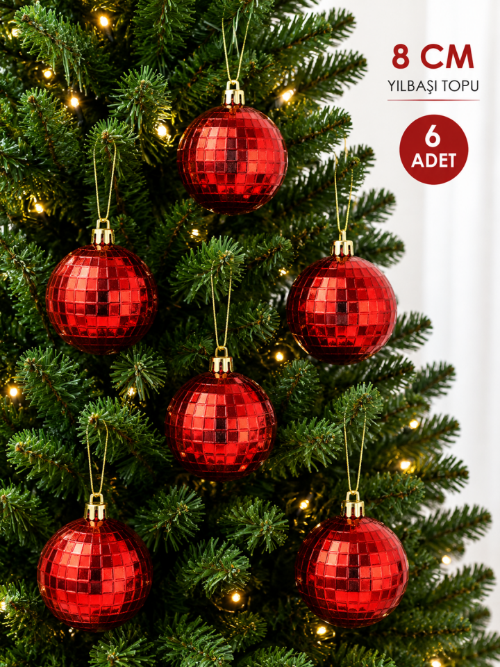 Parti Malzemeleri 8 Cm 6’lı Aynalı Kırmızı Yılbaşı Topu Çam Ağacı Süsü Noel Ağacı Dekor Süsü Parlak Disko Topu