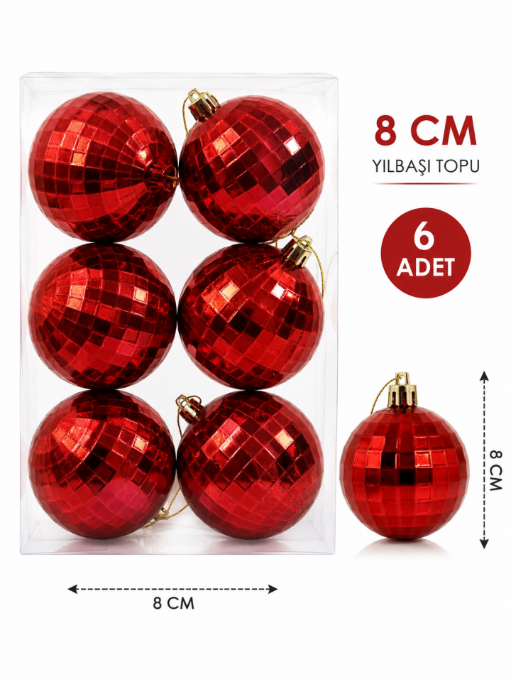Parti Malzemeleri 8 Cm 6’lı Aynalı Kırmızı Yılbaşı Topu Çam Ağacı Süsü Noel Ağacı Dekor Süsü Parlak Disko Topu