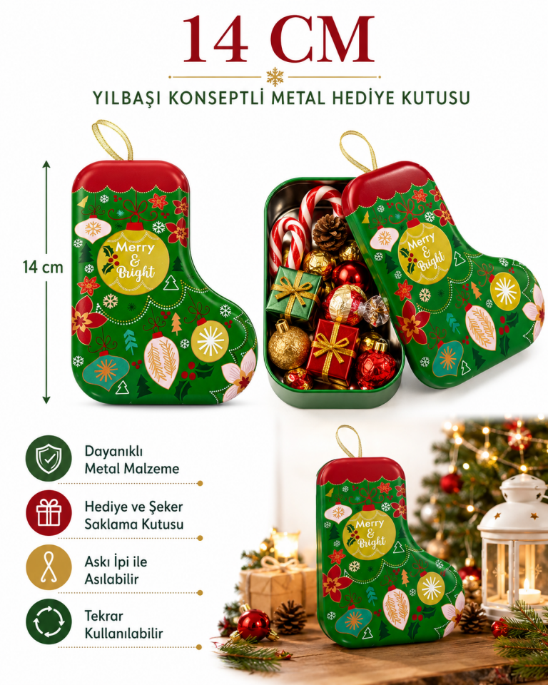 Parti Malzemeleri 14 cm Yılbaşı Çorabı Şeklinde Metal Hediye Kutusu – Kapaklı, Askılı, Kardan Adam Desenli Yeşil