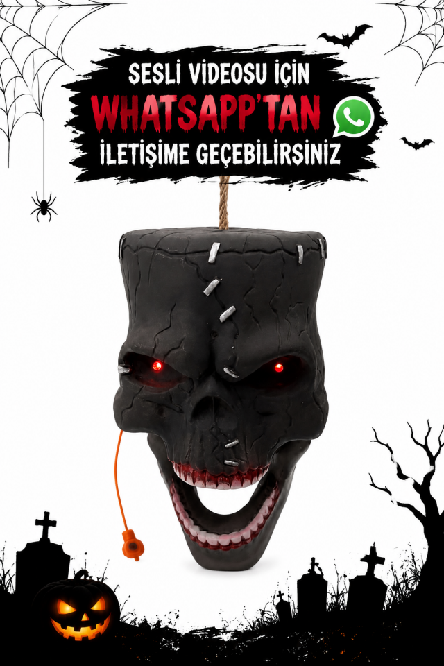 Parti Malzemeleri Sesli ve Kırmızı Işıklı Asılabilir Korkunç Kuru Kafa Halloween Cadılar Bayramı Dekoru