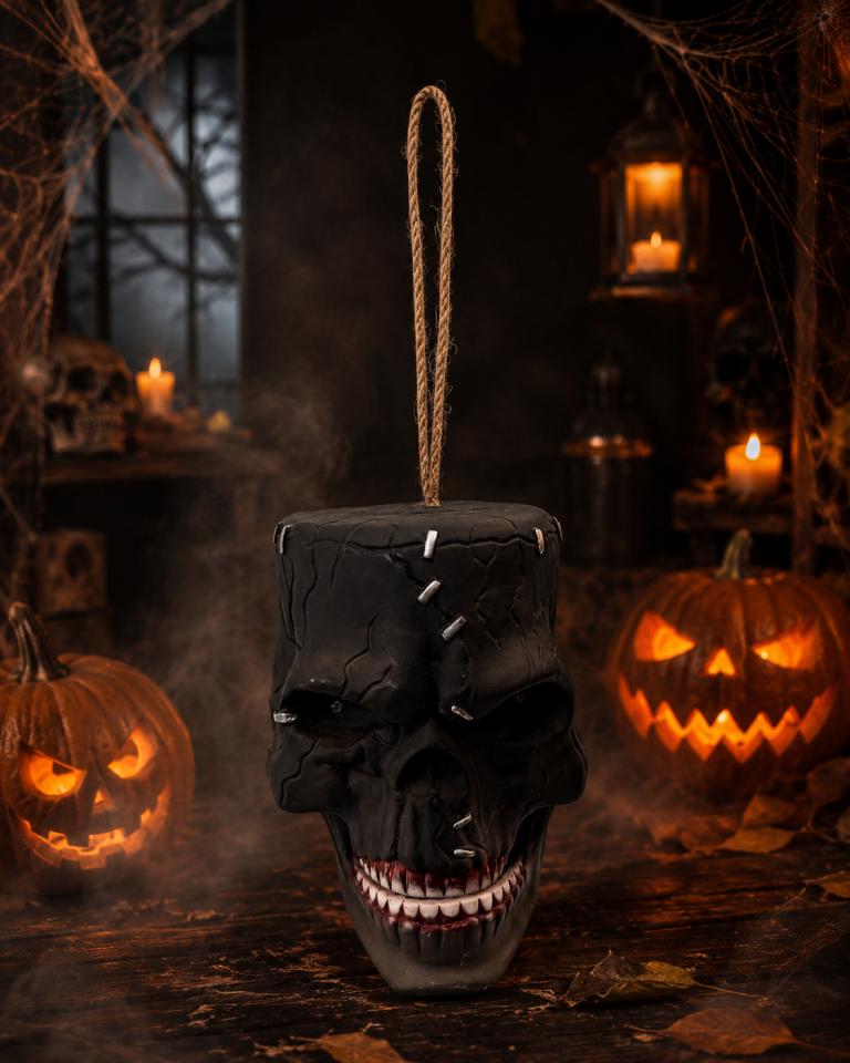 Parti Malzemeleri Sesli ve Kırmızı Işıklı Asılabilir Korkunç Kuru Kafa Halloween Cadılar Bayramı Dekoru
