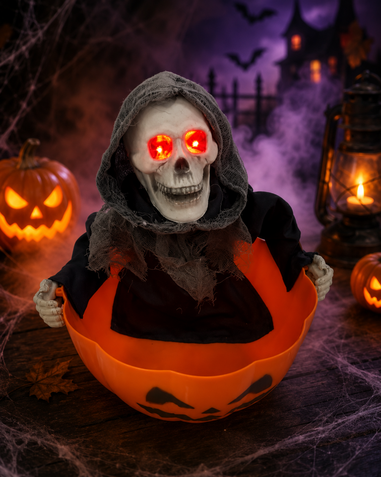 Parti Malzemeleri Kafa Sallayan Sesli Kuru Kafa Şekerlik 28 cm Işıklı Halloween Balkabağı Dekoru