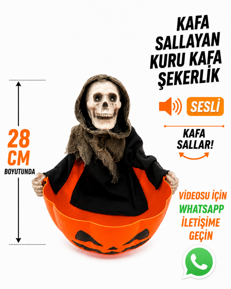 Parti Malzemeleri Kafa Sallayan Sesli Kuru Kafa Şekerlik 28 cm Işıklı Halloween Balkabağı Dekoru