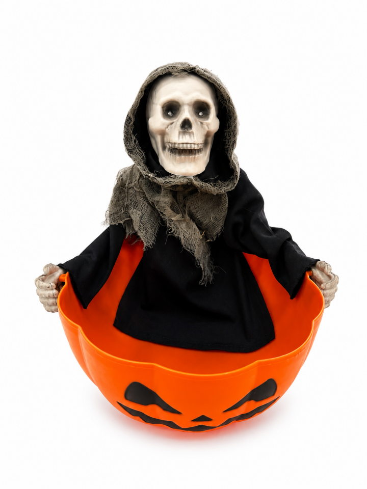 Parti Malzemeleri Kafa Sallayan Sesli Kuru Kafa Şekerlik 28 cm Işıklı Halloween Balkabağı Dekoru